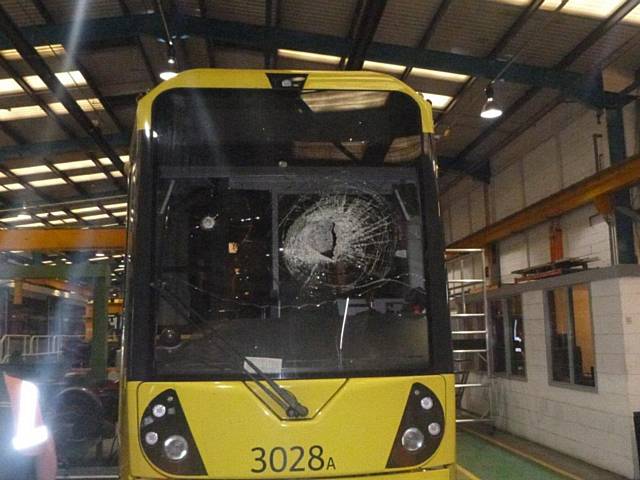 Smashed windscreen of a Metrolink tram 