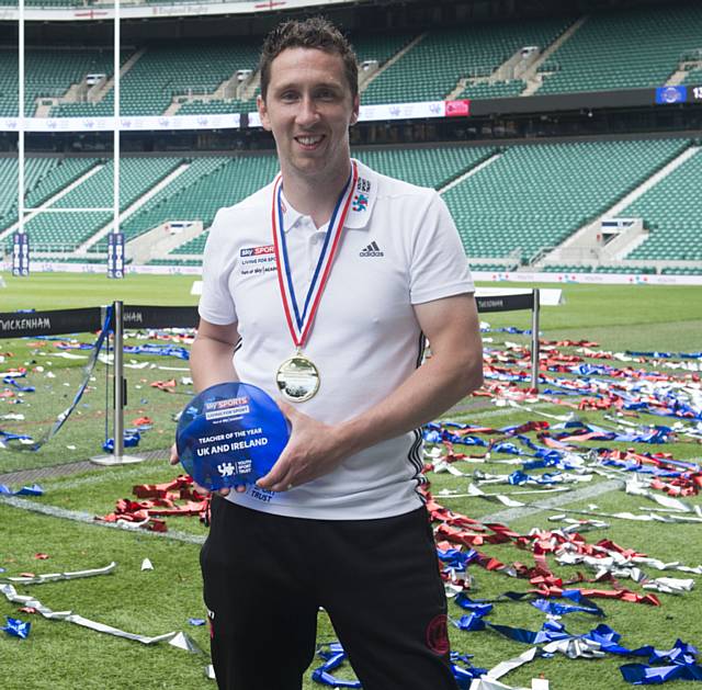 David Butterworth receives Sky Sports Living for Sport Teacher of the Year Award at Twickenham Stadium event