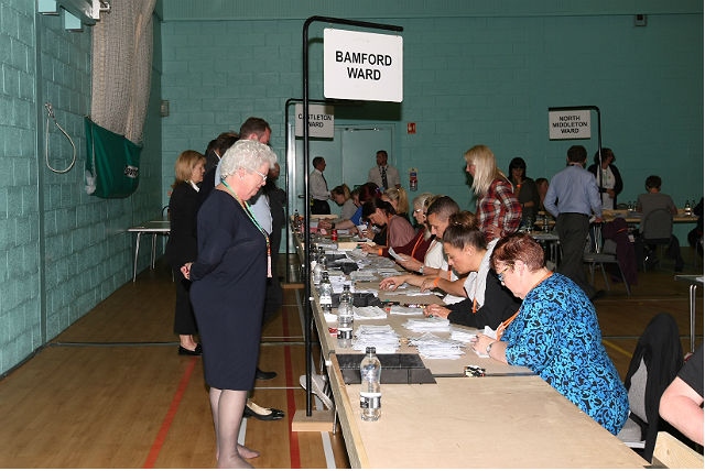 Former Conservative Councillor Jane Gartside observes the count in Bamford ward