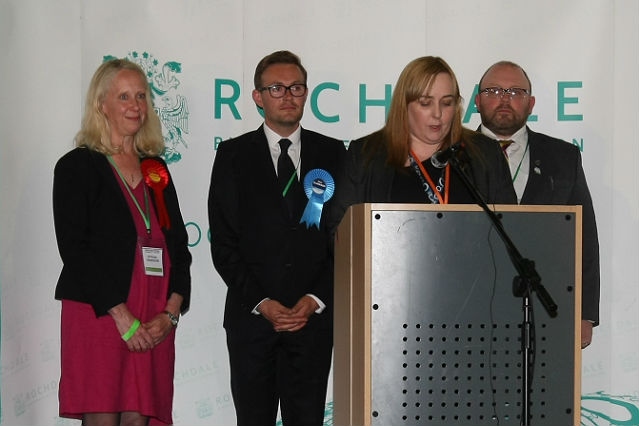 Deputy Acting Returning Officer Elaine Newsome announces the results for the Heywood & Middleton constituency. The candidates behind her Liz McInnes (Labour), Christopher Clarkson (Conservative) and Lee Seville (UKIP)