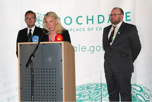 Liz McInnes speaks after being re-elected as MP for Heywood & Middleton