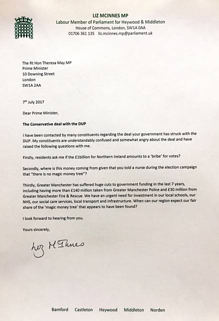 Copy of Liz McInne's letter to the Prime Minister