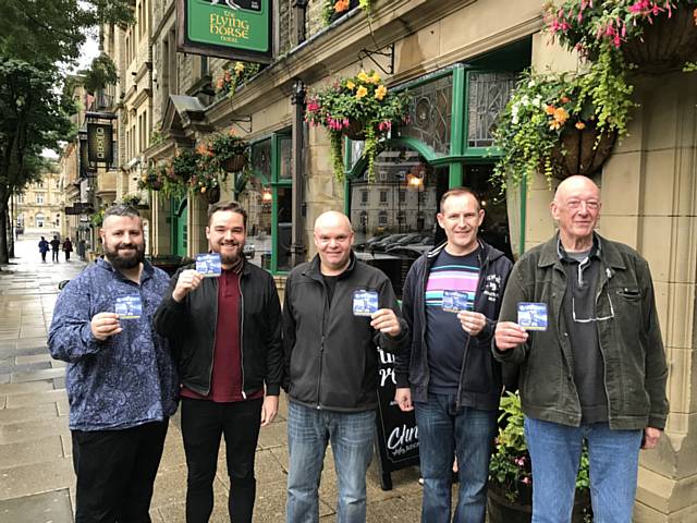 Flying Horse landlord Ben Boothman, Trust Membership Officer Scott Goulding, Trust Chairman David Gartside, Dale DJ Eden Bearshaw, British Beermat Collectors Society Trustee Geoff Kindon