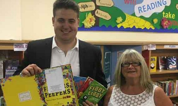 Councillors John Blundell and June West at a 'Read and Feed'  Library