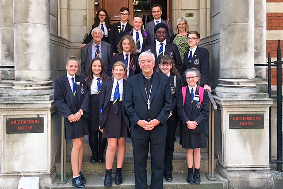 Fundraisers from Holy Family RC and CE College at Archbishop's House, Westminster,with Cardinal Vincent Nicholson, Archbishop of Westminster and leader of the Catholic Church in England and Wales