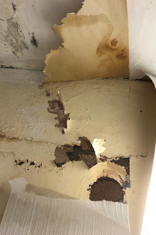 Damage in Aaron McLucas' flat from a leak in the upstairs property