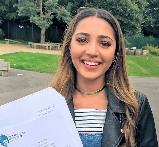 Farah Khan at Matthew Moss High School celebrating her results 