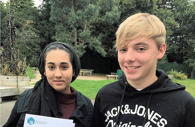 Joseph Wilson and Mariam Shahid at Matthew Moss High School celebrating her results