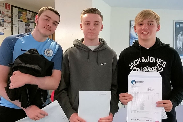 Jack Williams, Deck Wales and Joe Wilson with their exam results at Matthew Moss