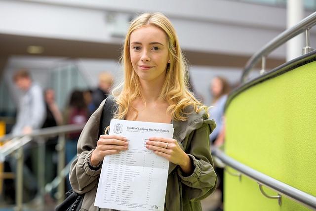 Aimee-Leigh Halliday at Cardinal Langley RC High School celebrating her results