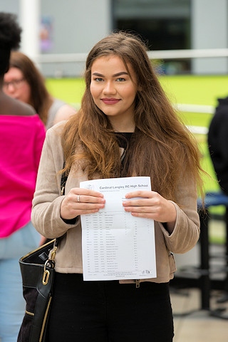 Jodie Cullen at Cardinal Langley RC High School celebrating her results