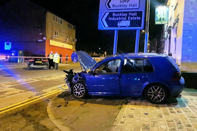 The collision at the junction of Red Lane and Halifax Road, involved a black Audi, and a blue Volkswagen, which hit a road sign