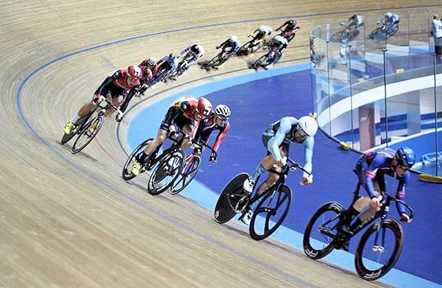 Oliver Huszar winning the Derby GP Scratch Race at the velodrome in Derby