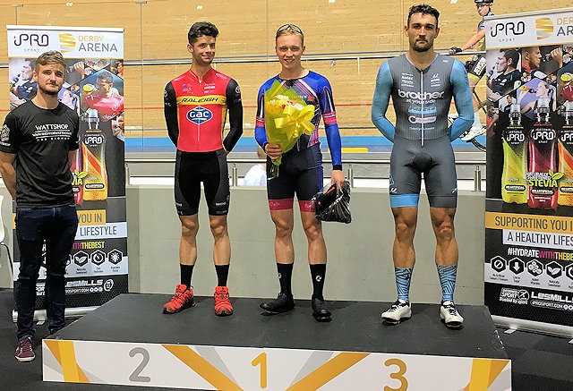 Oliver Huszar on Top Step of Podium winning Derby GP Scratch Race