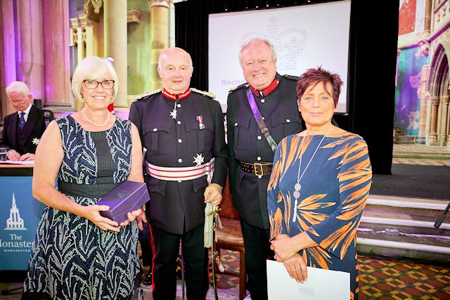 (l-r) Secretary of the group, Barbara Brown from the Rochdale and Bury Bridleways Association (RBBA), Warren Smith, Lord-Lieutenant of Greater Manchester, Paul Griffiths, Vice Lord Lieutenant and Lesley Tierney from the RBBA