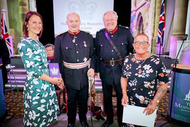 (l-r) Kuiama Thompson from Recovery Republic, Warren Smith, Lord-Lieutenant of Greater Manchester, Paul Griffiths, Vice Lord Lieutenant and Lisa Harding from Recovery Republic