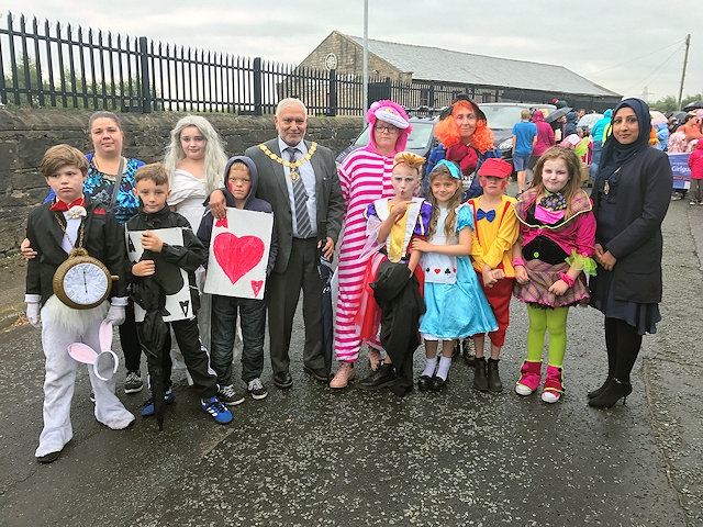 The winning team from Back O'th Moss in the walking section of  Heywood Charities Fete with Deputy Mayor Mohammed Zaman and Deputy Mayoress Naaira Zaman
