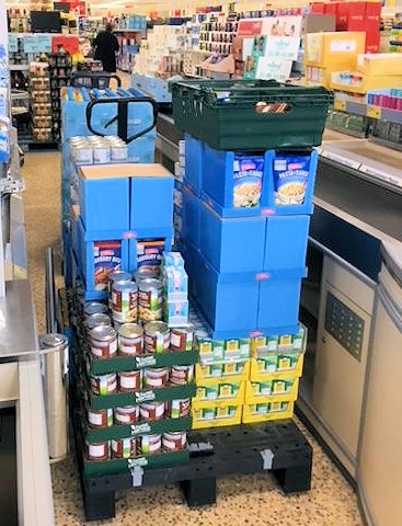 The food that Ellie Jenkinson, Amy Hanson and Rebecca Burnett bought with the money they raised for Rochdale Foodbank