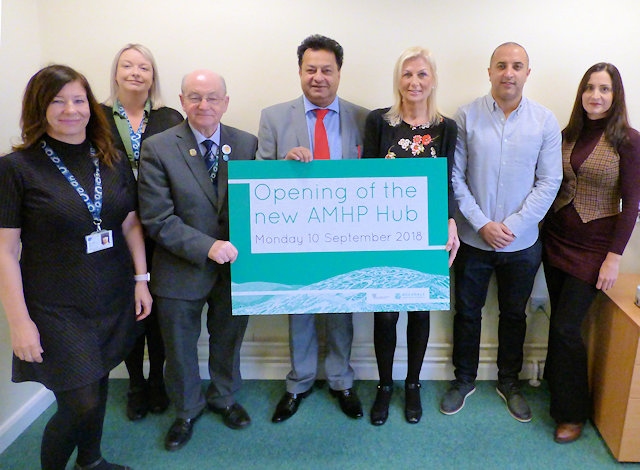 Councillor Iftikhar Ahmed (4th right), cabinet member for adult care, and his assistant Councillor Billy Sheerin (3rd left), joined AMHPs at the launch of the new mental health service 