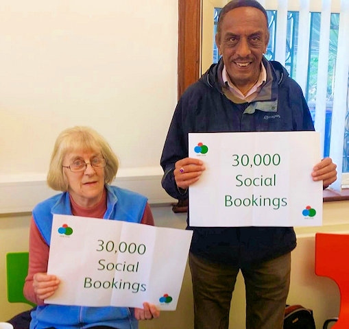 Circle members Janet Green and Seetharam (Bob) Srinivas celebrating HMR Circle reaching 30,000 social bookings