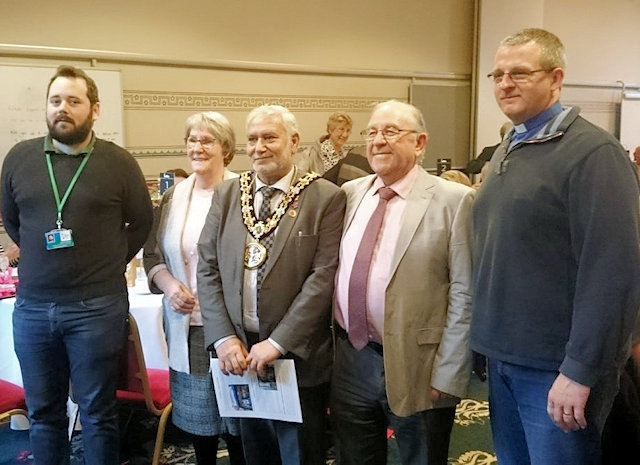 Mayor Mohammed Zaman with Iain and Margaret Wight and Rochdale Foodbank volunteers 