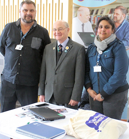 Councillor Billy Sheerin the Deputy Mayor of Rochdale meets two of the community connectors team