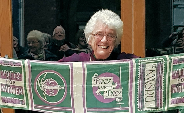 Rae Street with her proudest possession, a 'Votes for Women' scarf