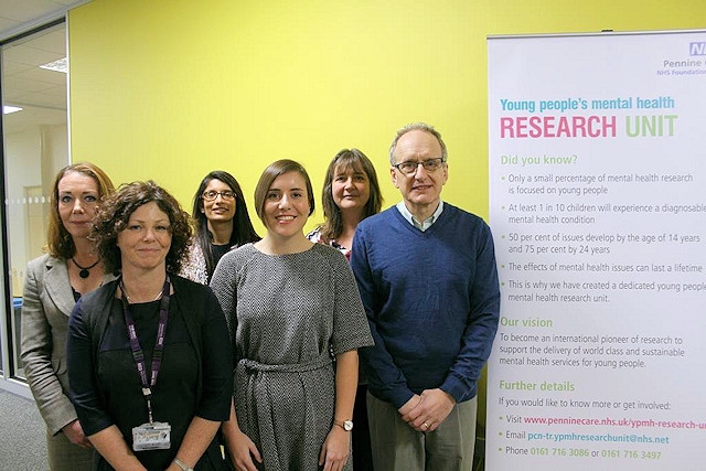 Pictured left to right (all from Pennine Care) are: Reagan Blyth, director of service modelling, research and innovation; Clare Nuttall, research clinician; Dr Prathiba Chitsabesan, consultant child and adolescent psychiatrist; Dr Sam Hartley, senior clinical psychologist; Dr Bernadka Dubicka; consultant psychiatrist and research lead; Dr Leo Kroll, child psychiatrist