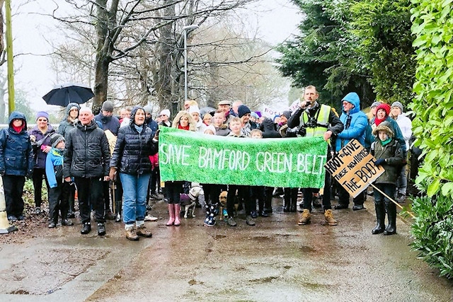 Hundreds of people turned out in force despite snow and sleet for the Save Bamford Greenbelt anniversary walk