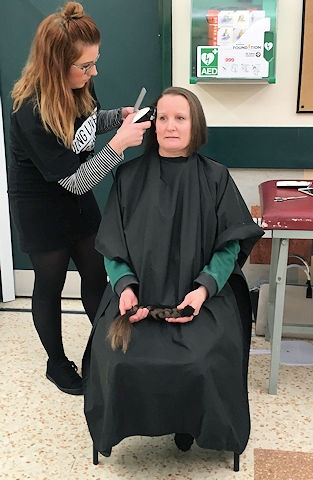 Bakery Manager Karen Knight having her hair shaved by Hair by Sophie Claire