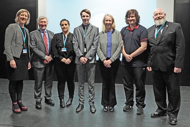 Julia Heap (Assistant Principal), Tony Lloyd MP, Elise Mitchell (student), Luke Webster (HR apprentice), Liz McInnes MP, Josh Cooper (student) and Principal Derek O’Toole 