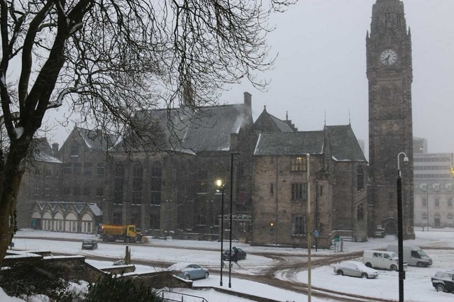 Rochdale Town Hall in the snow