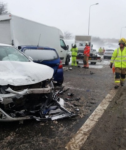 Road traffic collision due to snow and strong winds