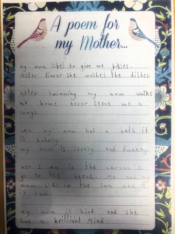 Jessica Lowe's poem, Judges Choice Mother's Day poetry winner, age category five to seven