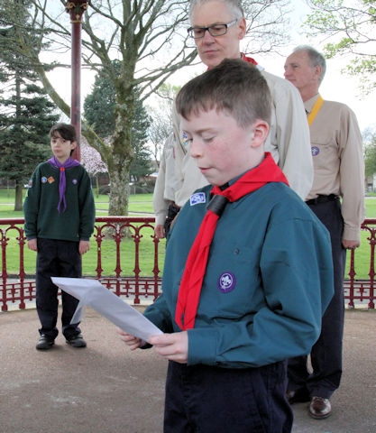 David Almond, reading the Scout Law at the St George's Day Parade in Rochdale