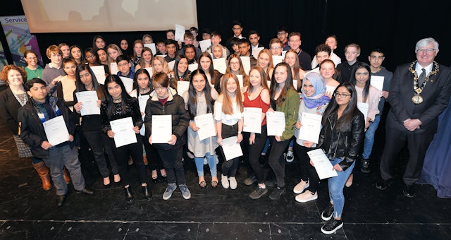 Young people presented with their awards with Gail Hopper, director of children's services and the Mayor of Rochdale 