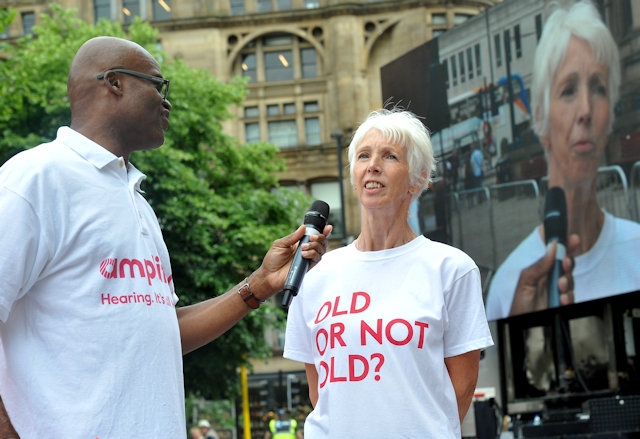 Amplifon Old Or Not Old event host Kriss Akabusi interviewing Karen Conduit