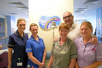 Royal Oldham Hospital haematology ward staff with the end of treatment bell