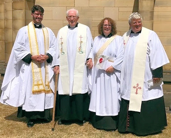 The family Gilbert: Rev Anne Gilbert at her ordination with (left to right) nephew, Rev Sean Gilbert, her father, Rev Fred Gilbert and her brother, Rev Canon Mark Gilbert