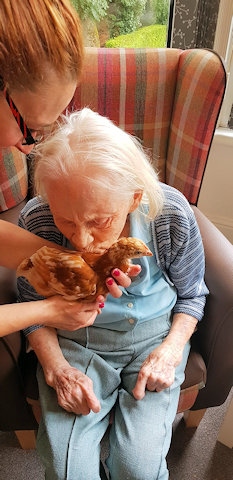 Residents at Rosemary Care Home in Milnrow, Rochdale, with their hens