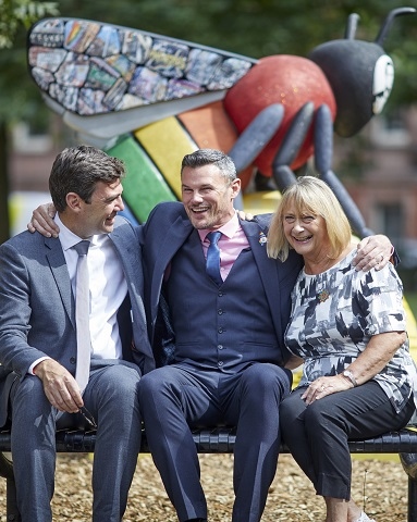 Mayor of Greater Manchester Andy Burnham, LGBT Adviser Carl Austin-Behan, and Equalities Lead Councillor Brenda Warrington