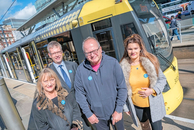 Brenda Warrington, GMCA Lead for Age-Friendly Greater Manchester and Equalities; Stephen Rhodes, TfGM’s Customer Director; Martin Bretts, member of TfGM’s Disability Design Reference Group; Lauren Wild, expectant mother