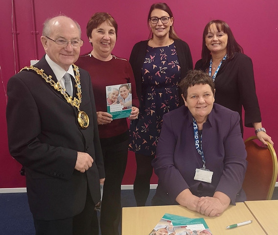 Kate Jones, Healthwatch Rochdale Chief Executive Officer with Rochdale Council staff members, Clare Gardner, Fiona Love-Roberts, Dorothy Latham and The Mayor of Rochdale Councillor Billy Sheerin