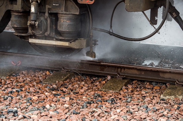 A 'leaf-busting' maintenance train from Network Rail which blast water and sand onto the tracks to remove leaves and provide more grip for trains