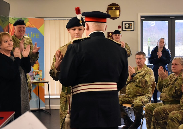 Lord Lieutenant of Greater Manchester, Mr Warren J. Smith KStJ DLitt LLD presents the Testimonial on Vellum Award from the Royal Humane Society to Cadet Ryan Gregory from Rochdale Detachment, 1 (Minden) Company