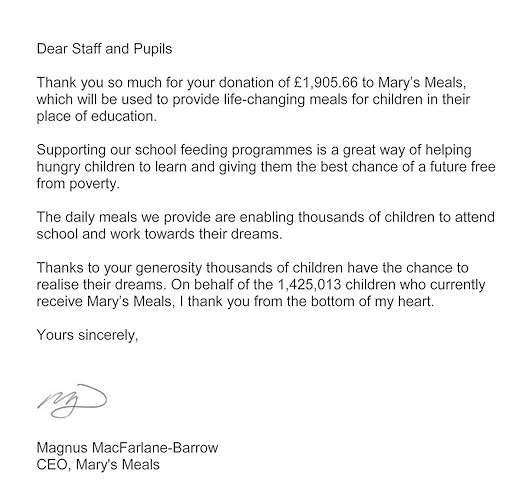 St Cuthbert's receive Thank you letter from Mary’s Meals