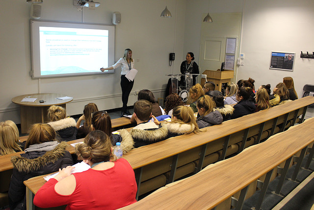 •	Wendy, domestic abuse worker from Rochdale Borough Council, trains a class of Hopwood Hall College students