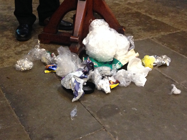 Plastic strewn around the lectern