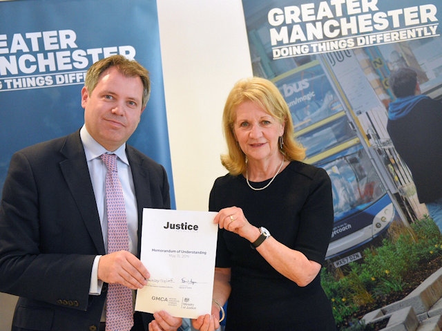 Justice Minister Edward Argar with Beverley Hughes, Greater Manchester’s Deputy Mayor for Police and Crime