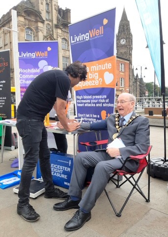 Mayor Billy Sheerin went to a community volunteer festival at The Butts and had his blood pressure measured by Living Well